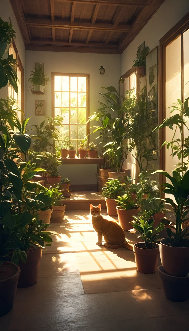 Persona occidental meditando rodeada de gatos.. El escenario es el interior de una hermosa habitación con muchas plantas en macetas.. iluminación cinematográfica. persona meditando. meditación. ultra alta definición