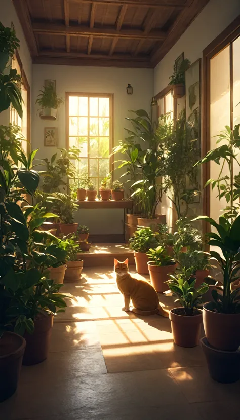 Pessoa ocidental meditando cercada de gatos. The setting is the interior of a beautiful room with many potted plants. cinematic ...