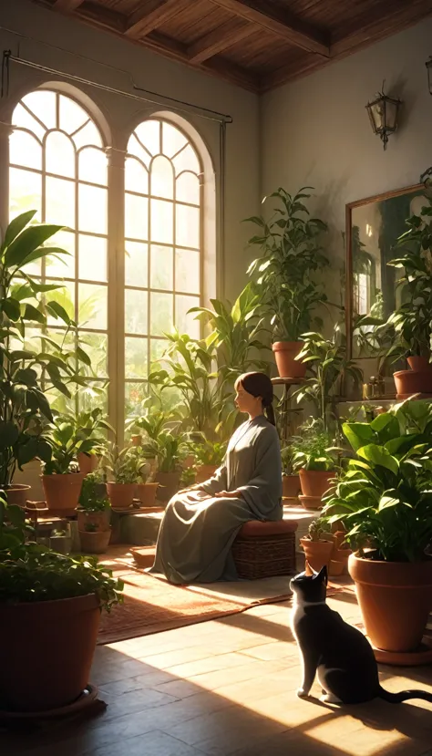 Pessoa ocidental meditando cercada de gatos. The setting is the interior of a beautiful room with many potted plants. cinematic ...