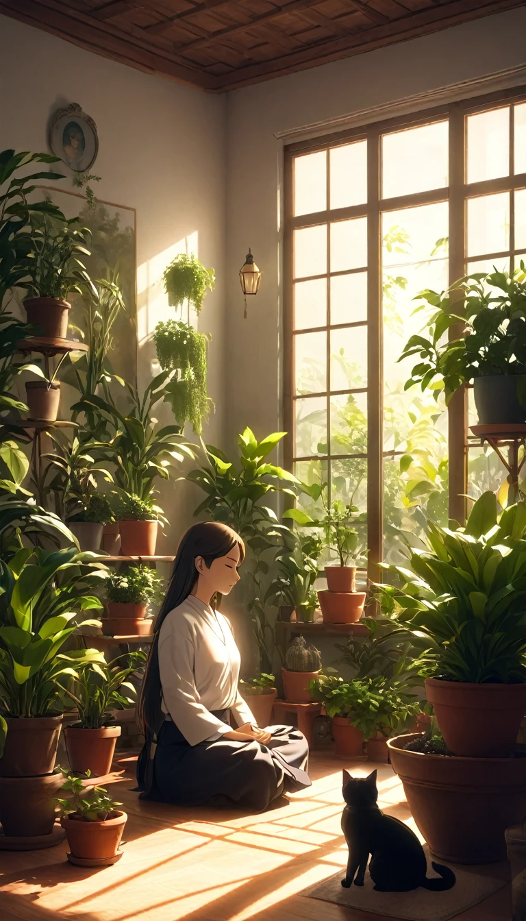 Persona occidental meditando rodeada de gatos.. El escenario es el interior de una hermosa habitación con muchas plantas en macetas.. iluminación cinematográfica. persona meditando. meditación. ultra alta definición 