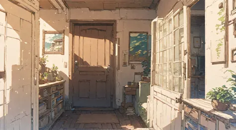 hallway, minimalistic art style, cozy interior, white walls, entrance, one door, small apartment, masterpiece, makoto shinkai ar...