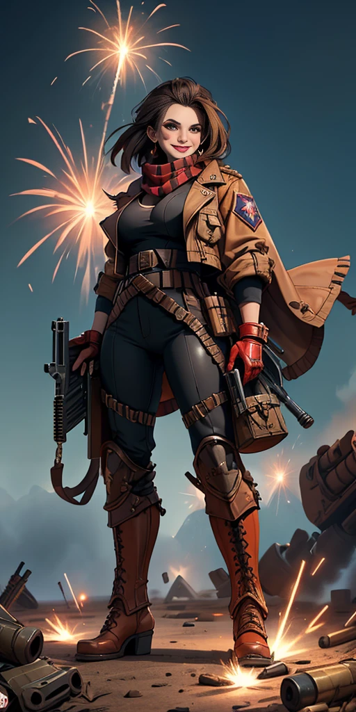 (masterpiece, best quality, 4k, 1girlsolo, 1MILF, mmplatz, smile, red cheeks, plain background:1.2), perfect face, perfect lighting, mature whsororitas with gloves red gauntlets in her hands like Cammy White from Street Fighter, bob white hair, warhammer 40k power armor suit, red eyes like rubies, full body armor, view from below, looking to the viewer, holding with bith hands a heavy machine gun 🔫 shooting bullets to the viewer,Wearing a brown jacket and black scarf with an ammunition belt and Gatling gun on a battlefield with explosions and sparks１Muscular big breasts military goddess、detailed fantasy art、fantasy art style、Break wearing a brown jacket and black scarf with ammo belt and Gatling gun on a battlefield with beautiful ancient explosions and sparks１Muscular Colossal Soldier Witch、Wearing a brown jacket and black scarf with an ammunition belt and Gatling gun on a battlefield with explosions and sparks１Man Muscular Big Military Colossal Queen、Fantasy Art Behans、Wearing a brown jacket and black scarf with an ammunition belt and Gatling gun on a battlefield with beautiful explosions and sparks１Muscular Big Military Magician、Wearing a brown jacket and black scarf with an ammunition belt and Gatling gun on a battlefield with beautiful explosions and sparks１Muscular Big Military Magician、Wore a brown jacket and black scarf with ammunition belts and Gatling guns on a battlefield with shiny floating explosions