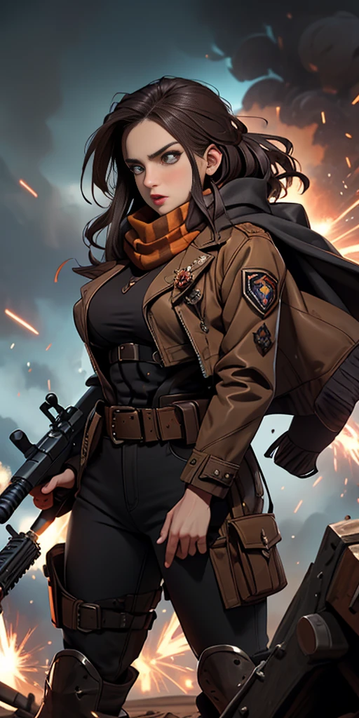 Outrageous resolution、​masterpiece++、top-quality++、ultra-definition++、ultra-definition++、4k++、8k++、from side、（Background Focus）++、（（（1）））+++、Sexily dressed woman wearing brown jacket and black scarf with ammunition belt and Gatling gun on battlefield with explosions and sparks that destroy cities１Cast a man's muscular big breasts military spell、Wearing a brown jacket and black scarf with an ammunition belt and Gatling gun on a battlefield with explosions and sparks１Man muscular big breasts soldier rune、Wearing a brown jacket and black scarf with an ammunition belt and Gatling gun on a battlefield with explosions and sparks１The magic of a muscular big breasts soldier、On a battlefield with explosions and sparks flying over, he wore a brown jacket and black scarf with an ammunition belt and a Gatling gun１Muscular big breasts soldier、Wearing a brown jacket and black scarf with an ammunition belt and Gatling gun on a battlefield with explosions and sparks１Muscular Big Military Sorcerer、Wearing a brown jacket and black scarf with an ammunition belt and Gatling gun on a battlefield with explosions and sparks１Muscular big breasts military goddess、detailed fantasy art、fantasy art style、Break wearing a brown jacket and black scarf with ammo belt and Gatling gun on a battlefield with beautiful ancient explosions and sparks１Muscular Colossal Soldier Witch、Wearing a brown jacket and black scarf with an ammunition belt and Gatling gun on a battlefield with explosions and sparks１Man Muscular Big Military Colossal Queen、Fantasy Art Behans、Wearing a brown jacket and black scarf with an ammunition belt and Gatling gun on a battlefield with beautiful explosions and sparks１Muscular Big Military Magician、Wearing a brown jacket and black scarf with an ammunition belt and Gatling gun on a battlefield with beautiful explosions and sparks１Muscular Big Military Magician、Wore a brown jacket and black scarf with ammunition belts and Gatling guns on a battlefield with shiny floating explosions
