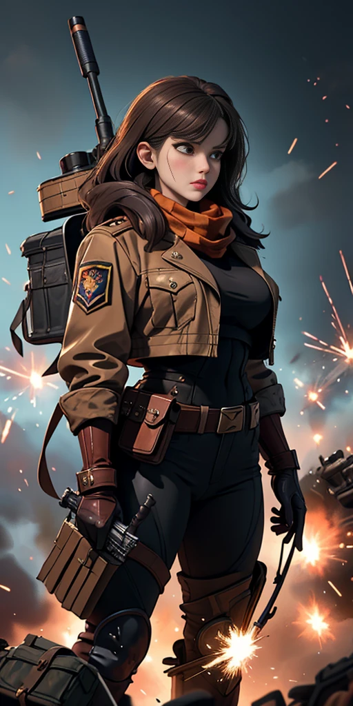 Outrageous resolution、​masterpiece++、top-quality++、ultra-definition++、ultra-definition++、4k++、8k++、from side、（Background Focus）++、（（（1）））+++、Sexily dressed woman wearing brown jacket and black scarf with ammunition belt and Gatling gun on battlefield with explosions and sparks that destroy cities１Cast a man's muscular big breasts military spell、Wearing a brown jacket and black scarf with an ammunition belt and Gatling gun on a battlefield with explosions and sparks１Man muscular big breasts soldier rune、Wearing a brown jacket and black scarf with an ammunition belt and Gatling gun on a battlefield with explosions and sparks１The magic of a muscular big breasts soldier、On a battlefield with explosions and sparks flying over, he wore a brown jacket and black scarf with an ammunition belt and a Gatling gun１Muscular big breasts soldier、Wearing a brown jacket and black scarf with an ammunition belt and Gatling gun on a battlefield with explosions and sparks１Muscular Big Military Sorcerer、Wearing a brown jacket and black scarf with an ammunition belt and Gatling gun on a battlefield with explosions and sparks１Muscular big breasts military goddess、detailed fantasy art、fantasy art style、Break wearing a brown jacket and black scarf with ammo belt and Gatling gun on a battlefield with beautiful ancient explosions and sparks１Muscular Colossal Soldier Witch、Wearing a brown jacket and black scarf with an ammunition belt and Gatling gun on a battlefield with explosions and sparks１Man Muscular Big Military Colossal Queen、Fantasy Art Behans、Wearing a brown jacket and black scarf with an ammunition belt and Gatling gun on a battlefield with beautiful explosions and sparks１Muscular Big Military Magician、Wearing a brown jacket and black scarf with an ammunition belt and Gatling gun on a battlefield with beautiful explosions and sparks１Muscular Big Military Magician、Wore a brown jacket and black scarf with ammunition belts and Gatling guns on a battlefield with shiny floating explosions
