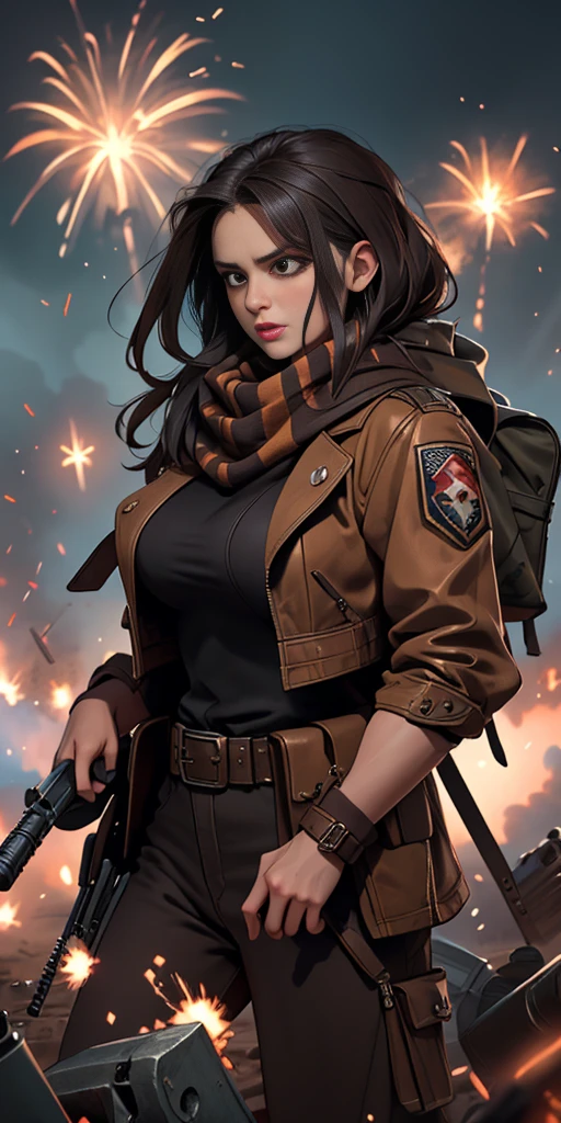 Outrageous resolution、​masterpiece++、top-quality++、ultra-definition++、ultra-definition++、4k++、8k++、from side、（Background Focus）++、（（（1）））+++、Sexily dressed woman wearing brown jacket and black scarf with ammunition belt and Gatling gun on battlefield with explosions and sparks that destroy cities１Cast a man's muscular big breasts military spell、Wearing a brown jacket and black scarf with an ammunition belt and Gatling gun on a battlefield with explosions and sparks１Man muscular big breasts soldier rune、Wearing a brown jacket and black scarf with an ammunition belt and Gatling gun on a battlefield with explosions and sparks１The magic of a muscular big breasts soldier、On a battlefield with explosions and sparks flying over, he wore a brown jacket and black scarf with an ammunition belt and a Gatling gun１Muscular big breasts soldier、Wearing a brown jacket and black scarf with an ammunition belt and Gatling gun on a battlefield with explosions and sparks１Muscular Big Military Sorcerer、Wearing a brown jacket and black scarf with an ammunition belt and Gatling gun on a battlefield with explosions and sparks１Muscular big breasts military goddess、detailed fantasy art、fantasy art style、Break wearing a brown jacket and black scarf with ammo belt and Gatling gun on a battlefield with beautiful ancient explosions and sparks１Muscular Colossal Soldier Witch、Wearing a brown jacket and black scarf with an ammunition belt and Gatling gun on a battlefield with explosions and sparks１Man Muscular Big Military Colossal Queen、Fantasy Art Behans、Wearing a brown jacket and black scarf with an ammunition belt and Gatling gun on a battlefield with beautiful explosions and sparks１Muscular Big Military Magician、Wearing a brown jacket and black scarf with an ammunition belt and Gatling gun on a battlefield with beautiful explosions and sparks１Muscular Big Military Magician、Wore a brown jacket and black scarf with ammunition belts and Gatling guns on a battlefield with shiny floating explosions
