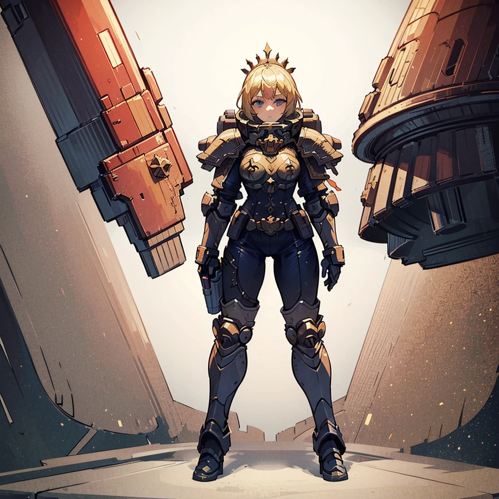 ((Masterpiece, masterpiece, best quality, ultra-detailed, anime style, solo, plain background:1.2)) full body of space marine girl, ultra blue power armor, blonde hair and laurel crown, held sword, standing on battle ground, Warhammer 40K, 8k high resolution, trending art station, white background, whole body