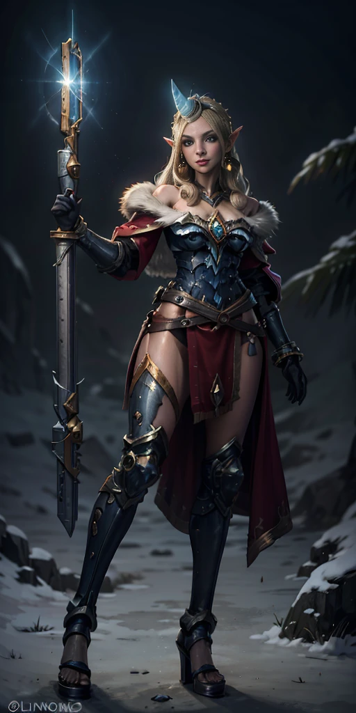 (masterpiece, best quality:1.2) intricate details, winter wonder soraka, 1girl, single horn full body of space marine girl, ultra blue power armor, blonde hair and laurel crown,, fur-trimmed dress, bare shoulders, earrings, blonde hair, pointy ears, smile, shackles bracelets, slave red crest, loincloth standing, metal sandals, big belt, view from below, feet together, bracers, standing contrapposto straight symmetrical looking to viewer