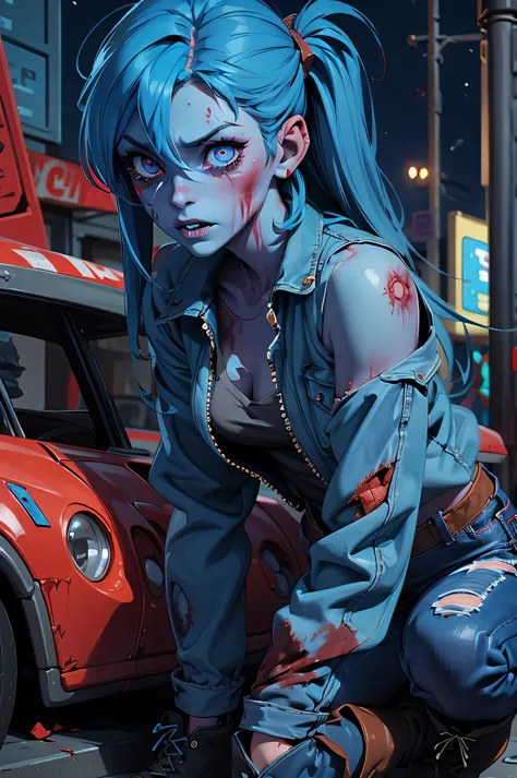  female full zombie. blue skin, zombie skin, vivid,head close up, flesh falling off, ripped skin,, tears, night background city ...