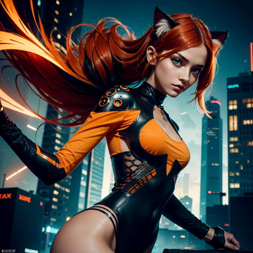 A striking and surreal fashion illustration captures a captivating young woman with vibrant orange hair, seemingly mid-fall. Dressed in a form-fitting white t-shirt with orange patches on the sleeves, she exudes intensity and grace. Her burnt black rock-like skin is adorned with intricate details and she is accompanied by a captivating cat, wearing cyberpunk-inspired armor and gadgets. The cat playfully outstretches its paw, its mesmerizing eyes locked on the scene. Deep cracks radiate from the illustration, creating a sense of drama. The background features a colossal, abstract cat silhouette encompassing a diverse cityscape within its contours. This visually captivating piece combines elements of fashion, portrait photography, and illustration to create a truly cinematic experience., fashion, cinematic, vibrant, portrait photography, illustrationA captivating and surreal fashion illustration featuring a striking young woman with vibrant orange hair, gracefully falling mid -air. She is dressed in a form-fitting white t-shirt with orange patches on the sleeves, her intense gauze and poised demeanor radiating charisma. Her unique burnt black rock-like skin is intricately detailed, adding a touch of otherworldliness to her appearance. By her side is a mesmerizing cat, adorned with cyberpunk-inspired armor and gadgets, playfully reaching out its paw with a curious gauze. The illustration is framed by deep cracks, enhancing the sense of drama and intensity. The abstract cat silhouette in the background envelops a diverse cityscape, fusing fashion, portrait photography, and illustration to create a visually stunning and cinematic experience., fashion, cinematic, vibrant, portrait photography, illustration