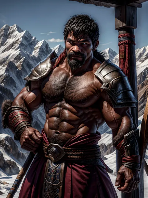Manny Pacquiao as a barbarian that fits the design of Blizzard's Diablo characters, dark skinned male, thick mustache and beard,...