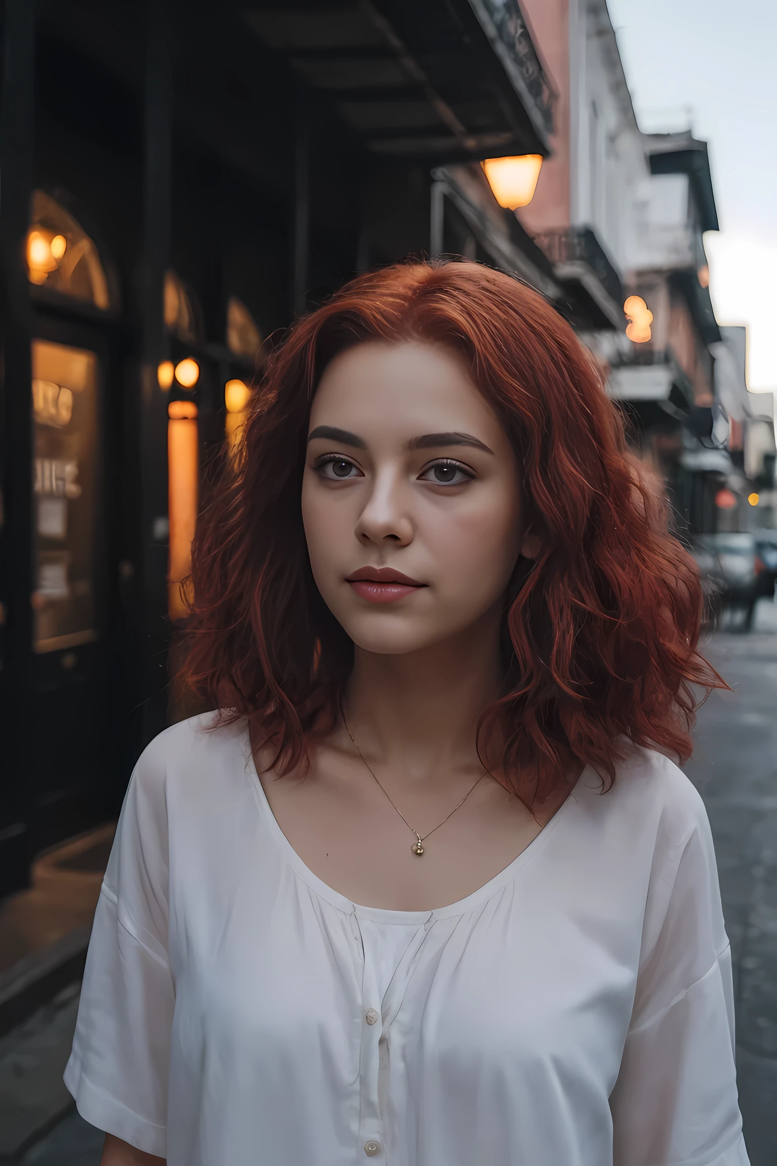 Cinematic, realistic, close-up, cinematic documentary of a 22-year-old woman with vibrant red hair and eyes the hue of twilight, embracing the lively spirit of New Orleans, Louisiana, the city’s music and history resonating with her adventurous heart