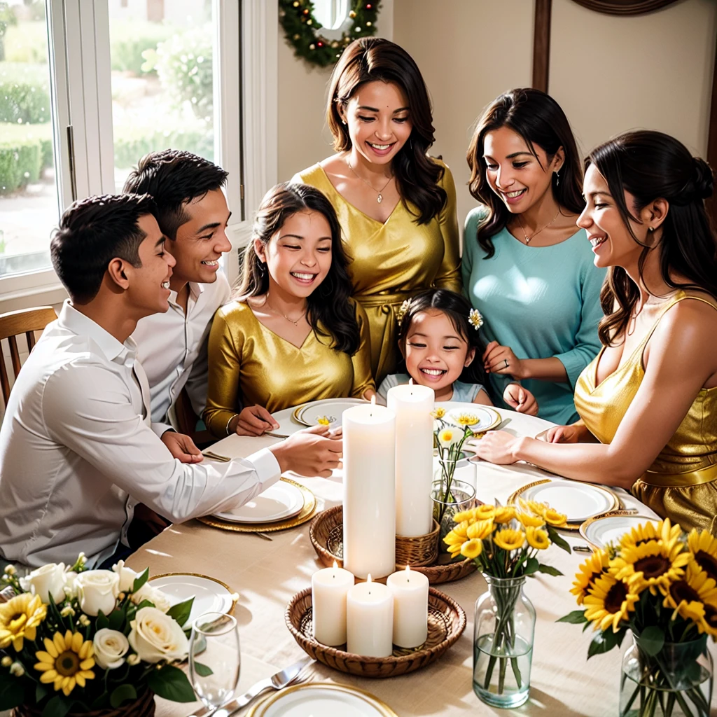 The family gathers around the table, a symbol of unity and sharing.
The mother, at the center of the scene, is the focus of the celebration.
Her husband and children surround her, showing their love and affection.
The carefully set table and fresh flowers create a festive and welcoming atmosphere.
The sunlight that bathes the faces of those present conveys a feeling of warmth and joy.
The smiles and laughter reveal the family's genuine happiness on this special day.
An Unforgettable Mother's Day
Around the carefully set table, the family gathers to celebrate Mother's Day. In the center, the matriarch radiates happiness, surrounded by her children and loving husband. A vase of fresh flowers decorates the table, while sunlight bathes the faces of those present, creating a golden glow that accompanies their smiles and laughter. The atmosphere is welcoming and overflowing with love, capturing the essence of family togetherness on this special day.