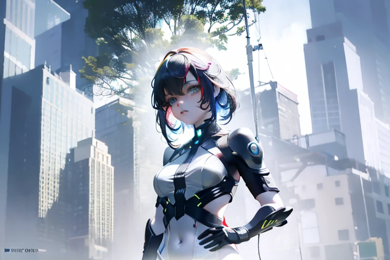 (double exposure),1female\(cute,kawaii,age of 16,,hair color neon,hair clip,eye color cosmic,big eyes,pale skin,extremy white skin,glossy body,futuristic costume,(open stomach:1.0),six-pack abs,(cute pose:1.6)\),background\(at noisy city,neon lights,outside,night,skyscraper\), BREAK ,quality\(8k,wallpaper of extremely detailed CG unit, ​masterpiece,hight resolution,top-quality,top-quality real texture skin,hyper realisitic,increase the resolution,RAW photos,best qualtiy,highly detailed,the wallpaper,cinematic lighting,ray trace,golden ratio\),(dynamic angle:1.5),from below,(close up:0.6),[nsfw:2.0],[nsfw:2.0],(futuristic:1.5)