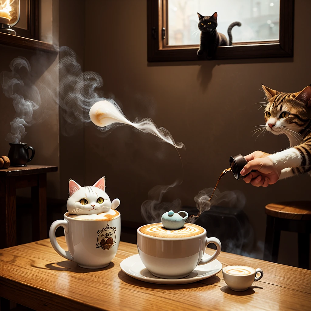 A whimsical and playful Shaun Tan illustration featuring a steaming cappuccino on a wooden table. The frothy surface sparkles, inviting the viewer's gauze, while the pristine, white froth contrasts with the warm, brown coffee. Above the scene, a quirky cat, reminiscent of a Shaun Tan illustration, perches on the edge of the cup with a mischievous grin. The cat's whiskers flare out, and fur is askew, adding to the humorous nature of the moment. This delightful and lighthearted scene captures the essence of a caffeinated adventure, full of laughter, whimsy, and the unexpected joy of sharing a warm beverage with a playful feline companion. A whimsical and playful Shaun Tan illustration featuring a steaming cappuccino atop a wooden table, with a sparkling frothy surface that invites the viewer's gaze. The warm, brown coffee contrasts with the pristine, white froth. Suspended above the scene, a quirky cat reminiscent of a Shaun Tan creation perches on the edge of the cup, sporting a mischievous grin and flared-out whiskers. The lighthearted and fantastical atmosphere encapsulates the essence of a caffeinated adventure, filled with laughter, whimsy, and the unexpected joy of sharing a warm beverage with a playful feline companion.
