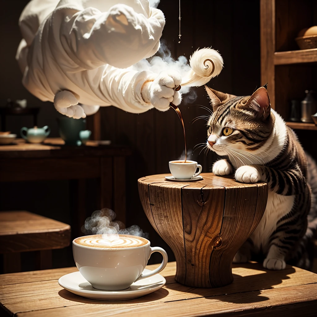 A whimsical and playful Shaun Tan illustration featuring a steaming cappuccino on a wooden table. The frothy surface sparkles, inviting the viewer's gauze, while the pristine, white froth contrasts with the warm, brown coffee. Above the scene, a quirky cat, reminiscent of a Shaun Tan illustration, perches on the edge of the cup with a mischievous grin. The cat's whiskers flare out, and fur is askew, adding to the humorous nature of the moment. This delightful and lighthearted scene captures the essence of a caffeinated adventure, full of laughter, whimsy, and the unexpected joy of sharing a warm beverage with a playful feline companion. A whimsical and playful Shaun Tan illustration featuring a steaming cappuccino atop a wooden table, with a sparkling frothy surface that invites the viewer's gaze. The warm, brown coffee contrasts with the pristine, white froth. Suspended above the scene, a quirky cat reminiscent of a Shaun Tan creation perches on the edge of the cup, sporting a mischievous grin and flared-out whiskers. The lighthearted and fantastical atmosphere encapsulates the essence of a caffeinated adventure, filled with laughter, whimsy, and the unexpected joy of sharing a warm beverage with a playful feline companion.