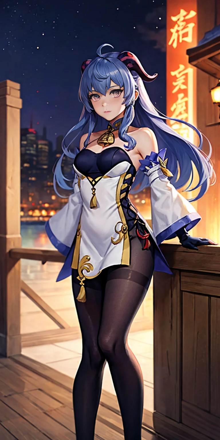 ganyu \(genshin impact\), 1girl, ahoge, architecture, bangs, bare shoulders, bell, black gloves, black pantyhose, ((blue hair)), blush, breasts, chinese knot, detached sleeves, east asian architecture, flower knot, gloves, horns, long hair, looking at viewer, medium breasts, neck bell, night, outdoors, pantyhose, purple eyes, sidelocks, solo, tassel, white sleeves, ((masterpiece))
