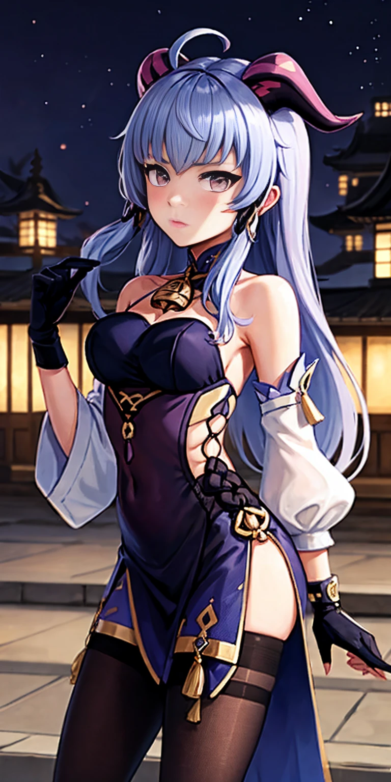 ganyu \(genshin impact\), 1girl, ahoge, architecture, bangs, bare shoulders, bell, black gloves, black pantyhose, ((blue hair)), blush, breasts, chinese knot, detached sleeves, east asian architecture, flower knot, gloves, horns, long hair, looking at viewer, medium breasts, neck bell, night, outdoors, pantyhose, purple eyes, sidelocks, solo, tassel, white sleeves, ((masterpiece))
