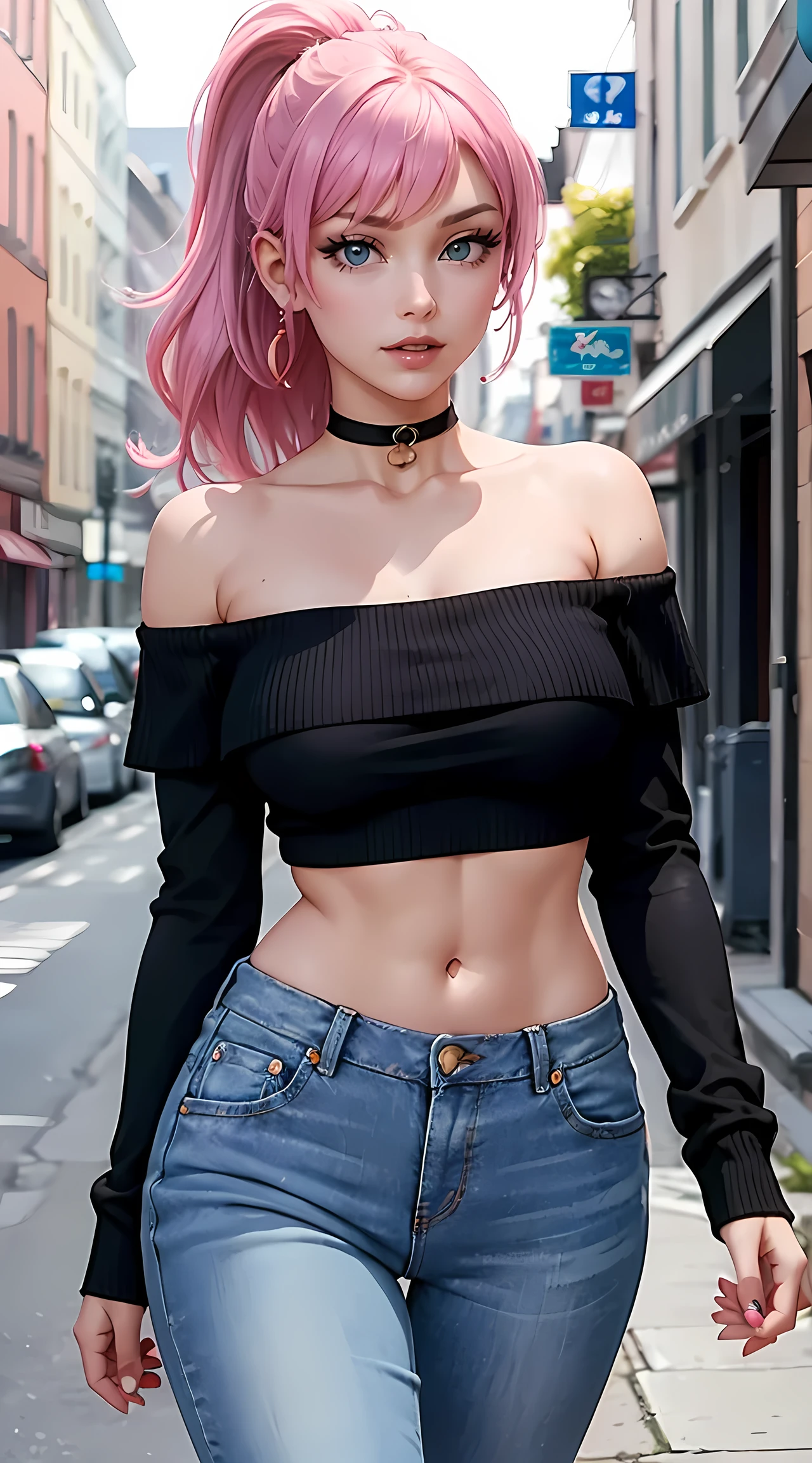 Das schöne Mädchen mit den rosa Haaren hat eine sexy Figur, Sie trägt einen schulterfreien, kurzen Pullover und Jeans, HALSBAND, Glücklicher Blick, blaue Augen, Pferdeschwanz, Mädchen geht eine Straße entlang ,sexy Sitzung, sexy Pose, Cowboy-Schuss, Gehobene Qualität, viele Details, realistisch