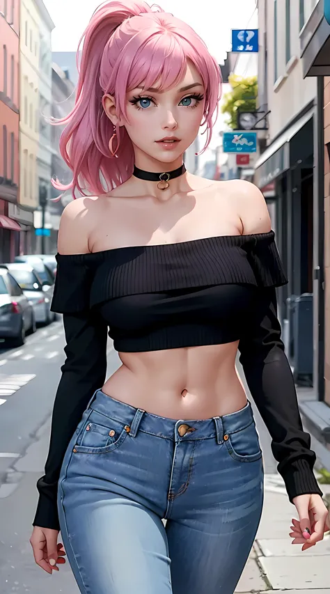 Beautiful pink hair girl is shown to have a sexy figure, she is wearing a nsfw off shoulder crop sweater and jeans, choker, happ...