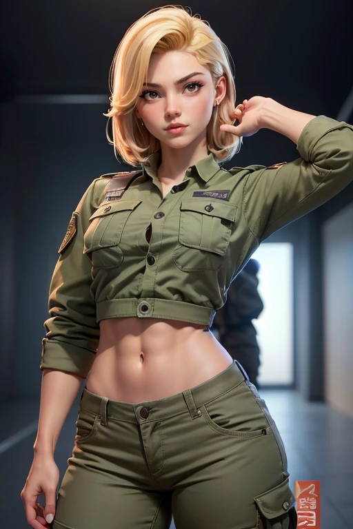 11:23(((Best Quality: 1.4))),(The incomparable masterpiece), (hyper high definition),(Hyperrealistic 8K CG)、（by white），（Short hair details），（Head looking up），（Put your hands on your waist）， ((( body))), (((1 girl in))), 2 American soldier with perfect body,,Beautiful and well-groomed face.,muscular body:1.2,plain orange jacket with details, (Images from head to thighs.)， Complex equipment, long pants，The clothes inside are dark., ),Beautiful and fearless warrior, fit and muscular body, military shirt, shoulder, dark blonde hair, tattooed arms, Full face detail.,   High detail, actual, photo quality, high high quality,  (photoactual:1.4), The content is very detailed., masterpiece, high high quality阴影,