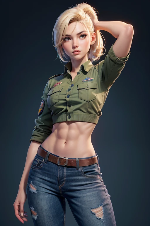 11:23(((Best Quality: 1.4))),(The incomparable masterpiece), (hyper high definition),(Hyperrealistic 8K CG)、（by white），（Short hair details），（Head looking up），（Put your hands on your waist）， ((( body))), (((1 girl in))), 2 American soldier with perfect body,,Beautiful and well-groomed face.,muscular body:1.2,plain orange jacket with details, (Images from head to thighs.)， Complex equipment, long pants，The clothes inside are dark., ),Beautiful and fearless warrior, fit and muscular body, military shirt, shoulder, dark blonde hair, tattooed arms, Full face detail.,   High detail, actual, photo quality, high high quality,  (photoactual:1.4), The content is very detailed., masterpiece, high high quality阴影,