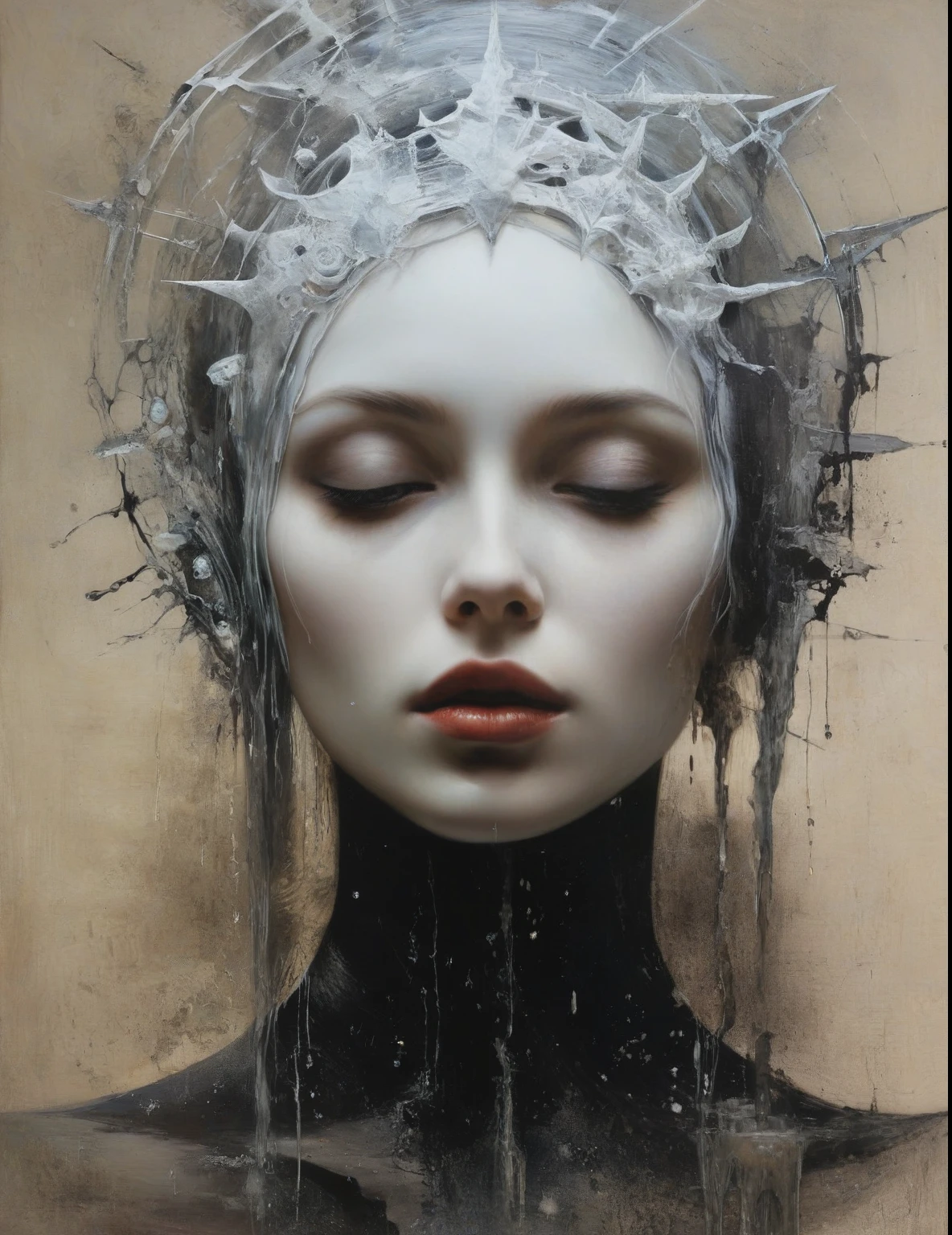 James Gurney, Surrealist art , dream-like, Mysterious, Provocative, symbolic, Complex, detailed,, (Gothic but very beautiful:1.4), (masterpiece, highest quality:1.4) , Nicola Samori Style, ice queen 