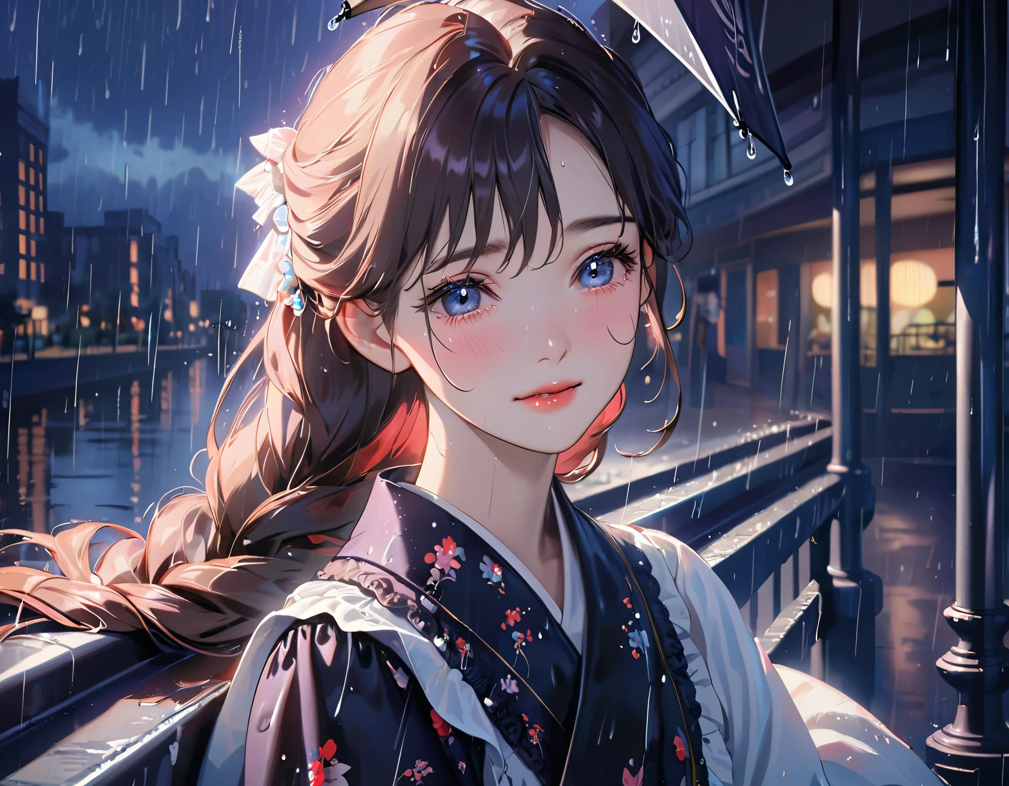 best quality, highres, ultra-detailed, realistic:1.37, vibrant colors, portrait, soft lighting, long eyelashes, sparkling eyes, glossy lips, detailed skin, retro pattern, pastel colors, ((smile while crying1.2)), ((shedding tears:2.0),, ((sad look:1.8)),, dreamy atmosphere, elegant pose, nostalgic vibes, glittering highlights, flawless complexion, 80s style fashion, retro hairdo, pink blush, delicate features, diamond-like eyes,((rain squall:2.8)),((high rise residential building Dark city silhouette background:2.0))