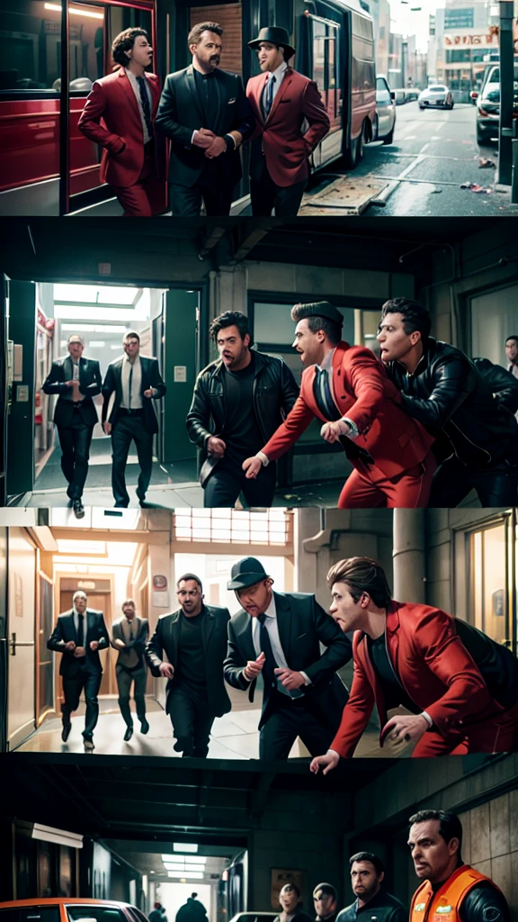 A crisp and vivid still from a live-action comedy heist film, featuring a group of hapless and bumbling crooks in a chaotic, yet comically coordinated, escape attempt. The focus is on one key moment, where the leader, clad in a striped shirt and a black beanie, frantically points to a rapidly closing security door while his accomplices scramble to keep up. The background is filled with a mix of extras, each adding to the frenetic energy of the scene. The cinematic lighting complements the muted color palette, with vibrant accents in the colorful outfits and a burst of red from an alarm button pressed in panic., photo, cinematic, Detail a live action Trailer film still from a funny ensemble heist film, with hapless bungling crooks botching and scrambling to get out of the messes, just digging themselves in deeper every time, focus on a single moment with detail, rather than having a variety of different hijinks at once, realistic, with 3-5 live-action characters, optional extras in background as needed by scene, crisp vivid detail, cinematic lighting, muted colors with vibrant accents, cinematic, photo