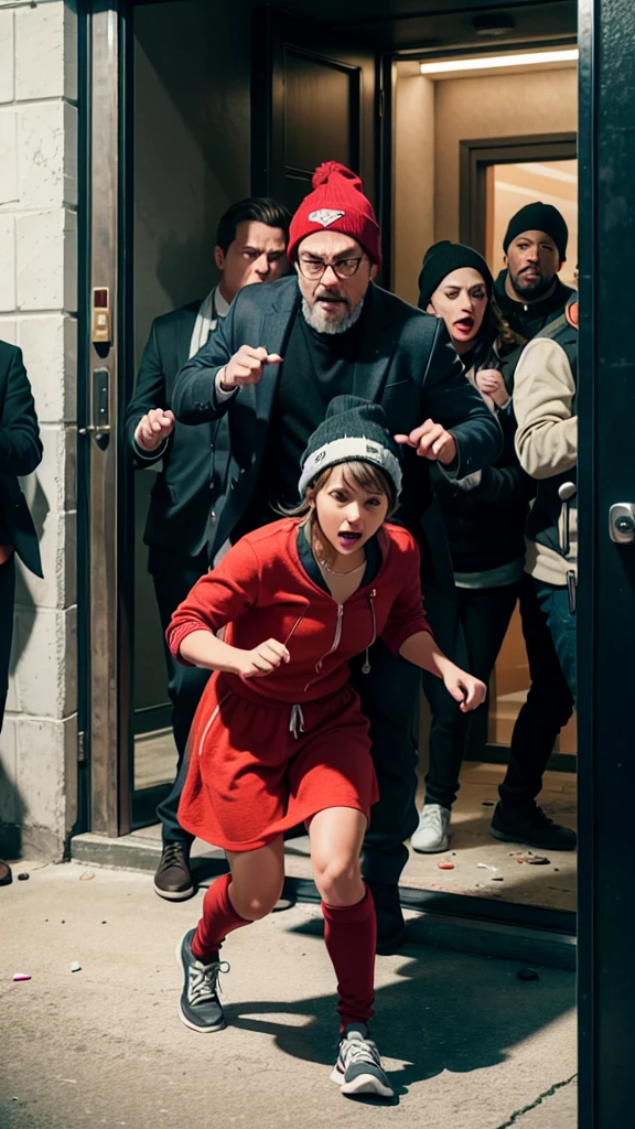 A crisp and vivid still from a live-action comedy heist film, featuring a group of hapless and bumbling crooks in a chaotic, yet comically coordinated, escape attempt. The focus is on one key moment, where the leader, clad in a striped shirt and a black beanie, frantically points to a rapidly closing security door while his accomplices scramble to keep up. The background is filled with a mix of extras, each adding to the frenetic energy of the scene. The cinematic lighting complements the muted color palette, with vibrant accents in the colorful outfits and a burst of red from an alarm button pressed in panic., photo, cinematic, Detail a live action Trailer film still from a funny ensemble heist film, with hapless bungling crooks botching and scrambling to get out of the messes, just digging themselves in deeper every time, focus on a single moment with detail, rather than having a variety of different hijinks at once, realistic, with 3-5 live-action characters, optional extras in background as needed by scene, crisp vivid detail, cinematic lighting, muted colors with vibrant accents, cinematic, photo