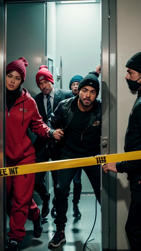 A crisp and vivid still from a live-action comedy heist film, featuring a group of hapless and bumbling crooks in a chaotic, yet comically coordinated, escape attempt. The focus is on one key moment, where the leader, clad in a striped shirt and a black beanie, frantically points to a rapidly closing security door while his accomplices scramble to keep up. The background is filled with a mix of extras, each adding to the frenetic energy of the scene. The cinematic lighting complements the muted color palette, with vibrant accents in the colorful outfits and a burst of red from an alarm button pressed in panic., photo, cinematic, Detail a live action Trailer film still from a funny ensemble heist film, with hapless bungling crooks botching and scrambling to get out of the messes, just digging themselves in deeper every time, focus on a single moment with detail, rather than having a variety of different hijinks at once, realistic, with 3-5 live-action characters, optional extras in background as needed by scene, crisp vivid detail, cinematic lighting, muted colors with vibrant accents, cinematic, photo
