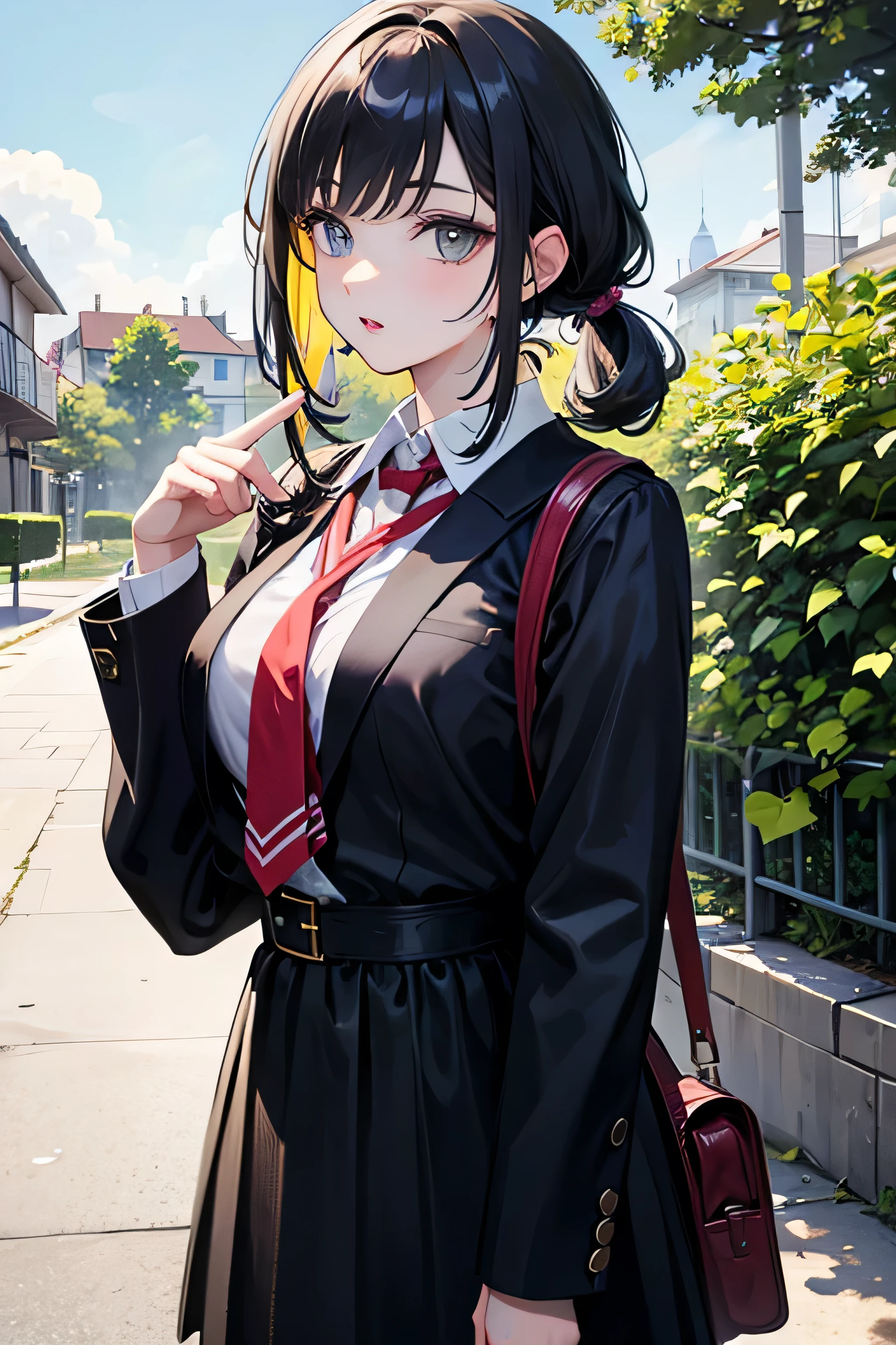(best quality,4k,highres,masterpiece:1.2),ultra-detailed,realistic,plazos_hiplazosx style,lively and colorful artwork:1.1,portrait,beautiful detailed eyes,beautiful detailed lips,extremely detailed eyes and face,long eyelashes,girl standing,two pigtails,,school bag,car,autorying bag,house,coloful surroundings,lush garden,clear blue sky,vibrant colors,soft and natural lighting