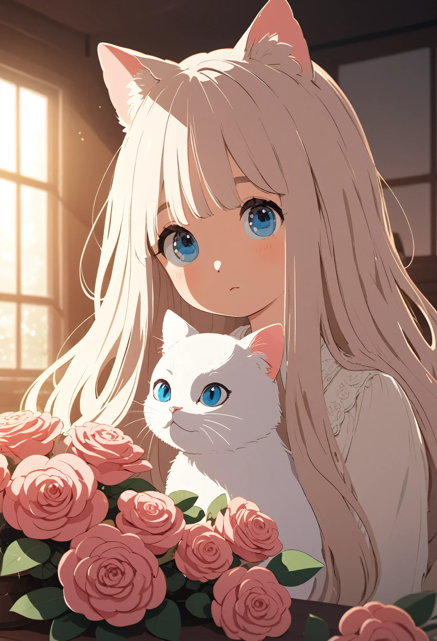 Um gato branco de cabelos compridos e olhos azuis, sentado em uma mesa ao lado de rosas em vasos, em uma vista frontal, close de todo o seu corpo, em luz natural, com cores quentes, em um ambiente interno, com iluminação suave, com detalhes claros, estilo de desenho animado, estilo de hayao miyazaki.