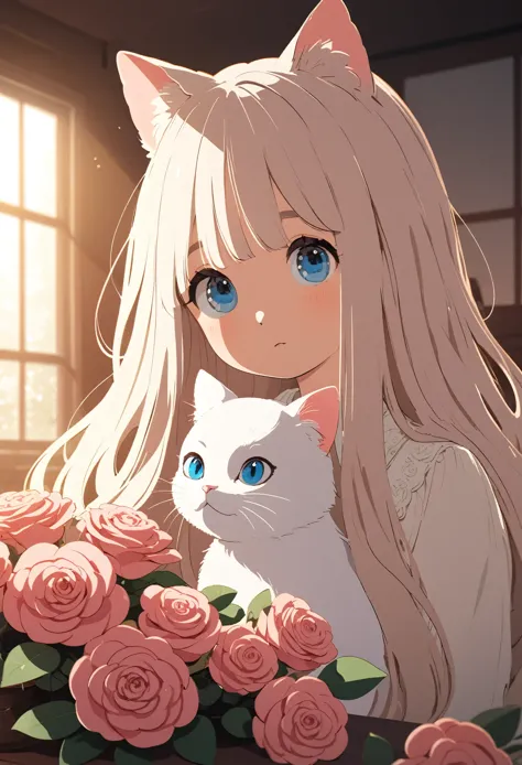 A white longhaired cat with blue eyes, sitting on a table next to pink roses in vases, in a front view, closeup shot of its entire body, in natural light, with warm colors, in an indoor environment, with soft lighting, with clear details, cartoon style, st...