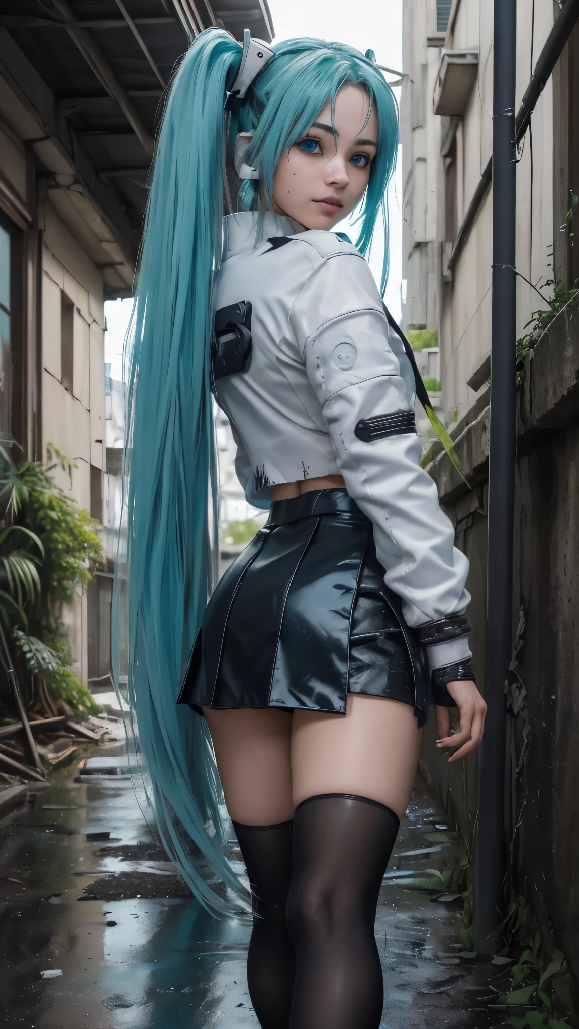 (Die beste Qualität,Eine hohe Auflösung,Ultra - detailliert,tatsächlich), Miku Hatsune, ,(Ruinierte Gasse Tokio Cyberpunk Dungeon Ruinen Hintergrund :1.4 ), große Brüste, dynamische pose , (grünes Haar, Zwillingsschwänze) ,(miniskirt white corta:1.4), sehr langes Haar) , pon the b, entspanntes Gesicht, Augenbrauenhaare, glänzendes Haar,,(Cyberpunk ruinierte Dungeon-Ruinen-Hintergrund :1.4 ), leuchtende Haut, ein leichtes Lächeln, Miku-Rennen, schwarzer Körper, kurze Jacke, (weiße Jacke:1.4), zeigt einen flachen Bauch, , lange Ärmel, zweifarbige Handschuhe, Oberschenkelhohe Stiefel,,(Regen bewölkt ruiniert Kerkerruinen Hintergrund :1.4 ),(Meisterwerk: 1.4), (8k, Realist, Rohfoto, Die beste Qualität: 1.4),(Miku Hatsune:1.4), (Miku hatsune V2.1), (Gesichtsdetails: 1.5, (schöne blaue Augen detailliert :1.4) , schönes Gesicht, schöne Augen, Iris-Futter, labios Delgados: 1.5, Delgado, blasse und scharfe Augenbrauen, Lang, dunkle Wimpern, doppelte Wimpern), Finger detailliert : 1.5,( dynamische pose), (perfekte Anatomie), (Gesicht detailliert :1.4), , (Hatsune Miku Cosplay),( keine Mutationen) 