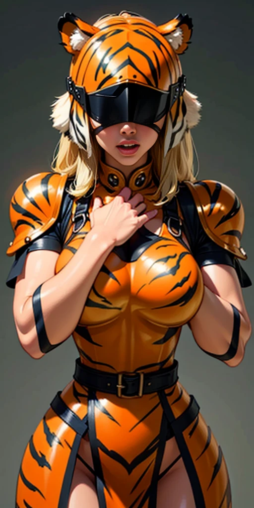 1 solo female blindfolded, animal tiger ears, animal tiger hands, animal tiger print, bell ((Armor reminiscent of a tiger))