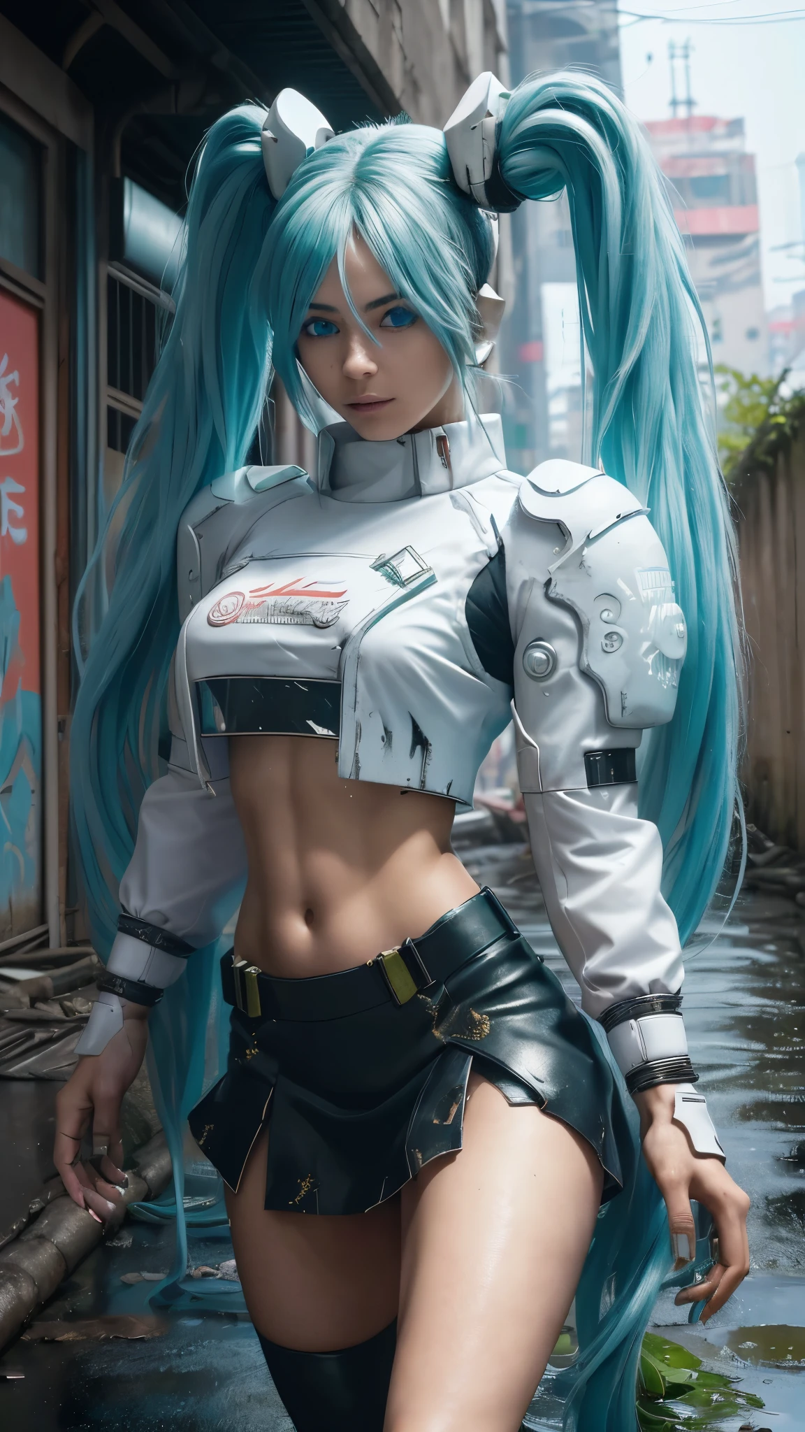 (The best quality,A high resolution,Ultra - detailed,actual), Miku Hatsune, ,(Ruined alley Tokyo cyberpunk dungeon ruins background :1.4 ), big breasts, dynamic pose , (green hair twin tails) ,(miniskirt white corta:1.4), very long hair) , pon the b, relaxed face, eyebrow hair, shiny hair,,(Cyberpunk ruined dungeon ruins background :1.4 ), shiny skin, a slight smile, Racing Miku, black body, short jacket, (White jacket:1.4), showing flat stomach, , long sleeve, two tone gloves, thigh high boots,,(Rain cloudy ruined dungeon ruins background :1.4 ),(masterpiece: 1.4), (8k, realist, raw photo, The best quality: 1.4),(Miku Hatsune:1.4), (Miku Hatsune V2.1), (Face details: 1.5, (beautiful blue eyes detailed :1.4) , beautiful face, pretty eyes, Iris lining, thin lips: 1.5, delgado, pale and sharp eyebrows, long, dark eyelashes, double eyelashes), (fingers detailed : 1.5) ,( dynamic pose), (Perfect anatomy), (face detailed :1.4), , (Hatsune Miku Cosplay),( not mutations), ,(Cyberpunk ruined dungeon ruins background :1.4 ), EasyNegative, huge breasts, Airbrushed, cgi, monochrome, (black and white), large head, oversize head, disproportionate body 