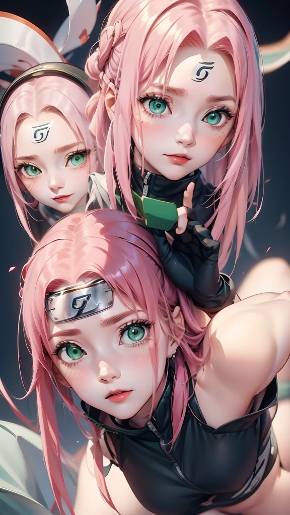 Animation《Naruto》The one in the middle is Haruno Sakura，1 girl，Solitary,Upper part of the body，dynamic poses，perfect facial features，Delicate face，Green Eyes，running，fighting，Best quality，masterpiece，8k，Huge breasts:1.4，Full, straight breasts