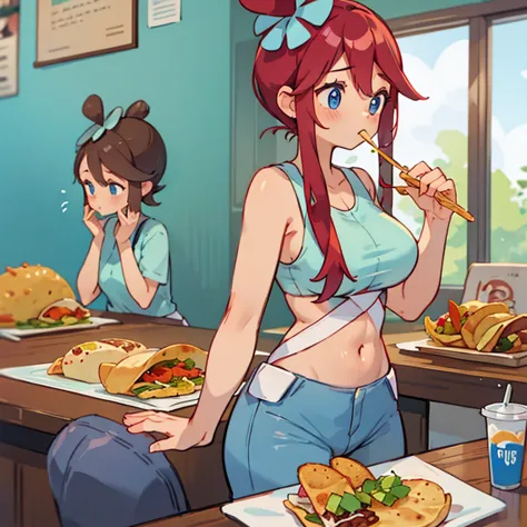 a woman in a tank top and slim jeans eating a taco at a taco shop　the cola is on the table　large breasts　big ass