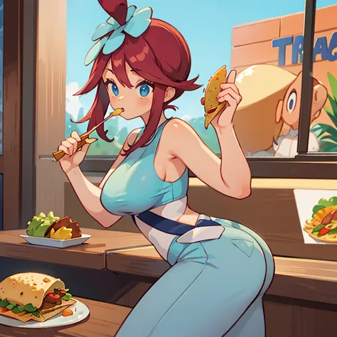 a woman in a tank top and slim jeans eating a taco at a taco shop　the cola is on the table　large breasts　big ass