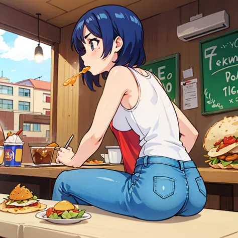 a woman in a tank top and slim jeans eating a taco at a taco shop　the cola is on the table　large breasts　big ass