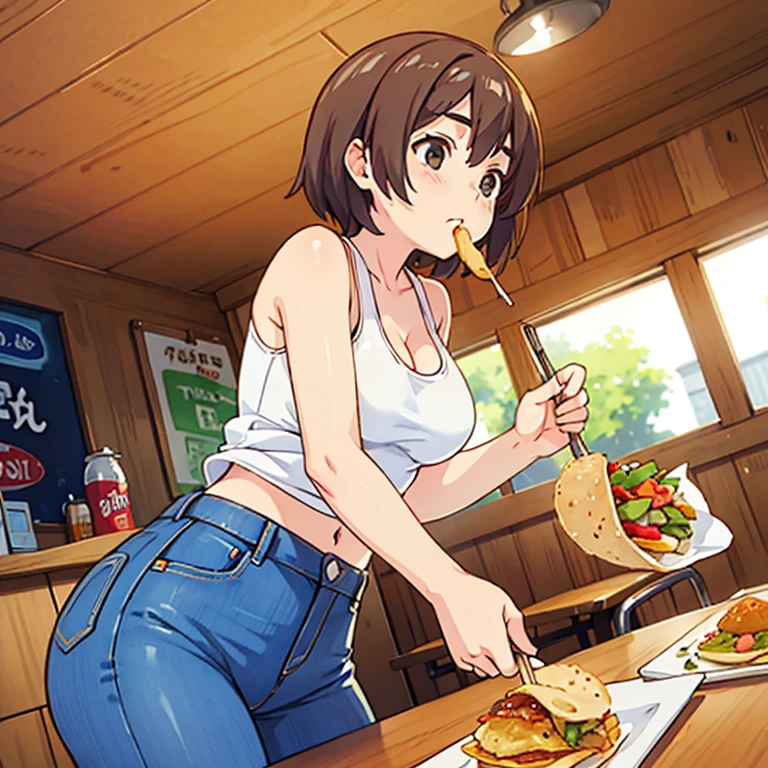 A woman in a tank top and slim jeans eating a taco at a taco shop　The cola is on the table　Large Breasts　Big Ass