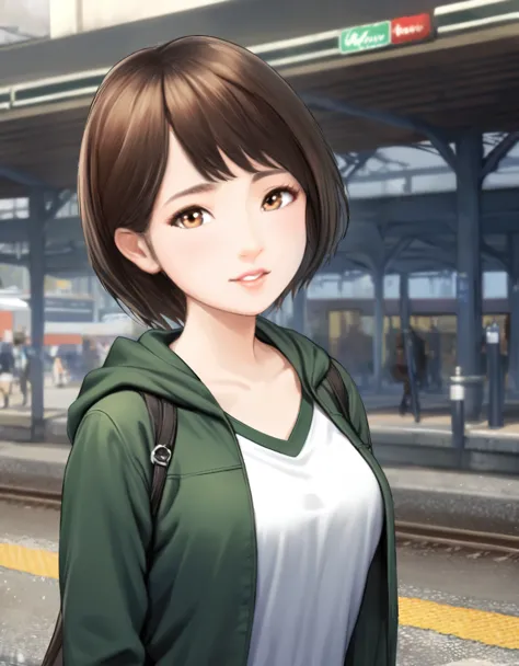 (best quality:1.2), 1girl, break, in front of the station, morning