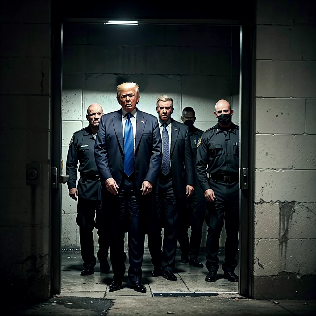 TRUMP ESTÁ LLORANDO EN LA CÁRCEL MIENTRAS 3 HOMBRES LO RODEAN, en peligro, póster, Foto, cinematográfico, Un poderoso, cinematográfico póster featuring a dramatic image of a crying Donald Trump in a prison cell. Está rodeado de tres intimidantes, Hombres sin rostro vestidos con ropa oscura, sus rostros oscurecidos por las sombras. El ambiente es tenso., con una sensación de peligro y de inquietud. El fondo es sombrío., entorno penitenciario industrial, Con una iluminación tenue que proyecta sombras inquietantes en las paredes.. El estado de ánimo general de la imagen es oscuro y amenazador., invocando una sensación de fatalidad inminente., Foto, póster, cinematográfico