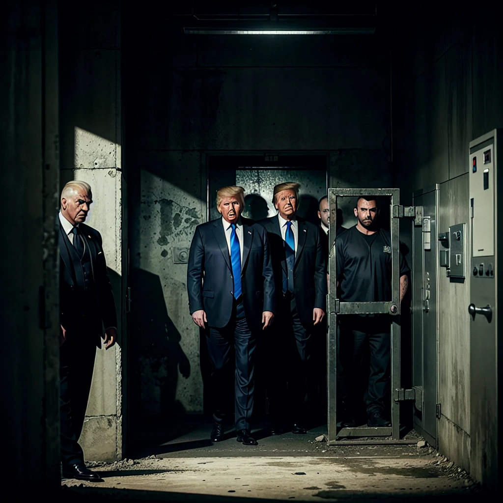 特朗普在监狱里哭泣，3 名男子围着他, 在危险之中, 海报, 照片, 電影, 强大的, 電影 海报 featuring a dramatic image of a crying Donald Trump in a prison cell. 他被三个令人生畏的人包围着, 身穿深色衣服的无脸男子, 他们的脸被阴影遮住了. 气氛紧张, 带着一种危险和不安的感觉. 背景严峻, 工业监狱环境, 昏暗的灯光在墙上投射出怪异的阴影. 图像的整体氛围是黑暗和令人恐惧的, 唤起一种厄运即将来临的感觉., 照片, 海报, 電影