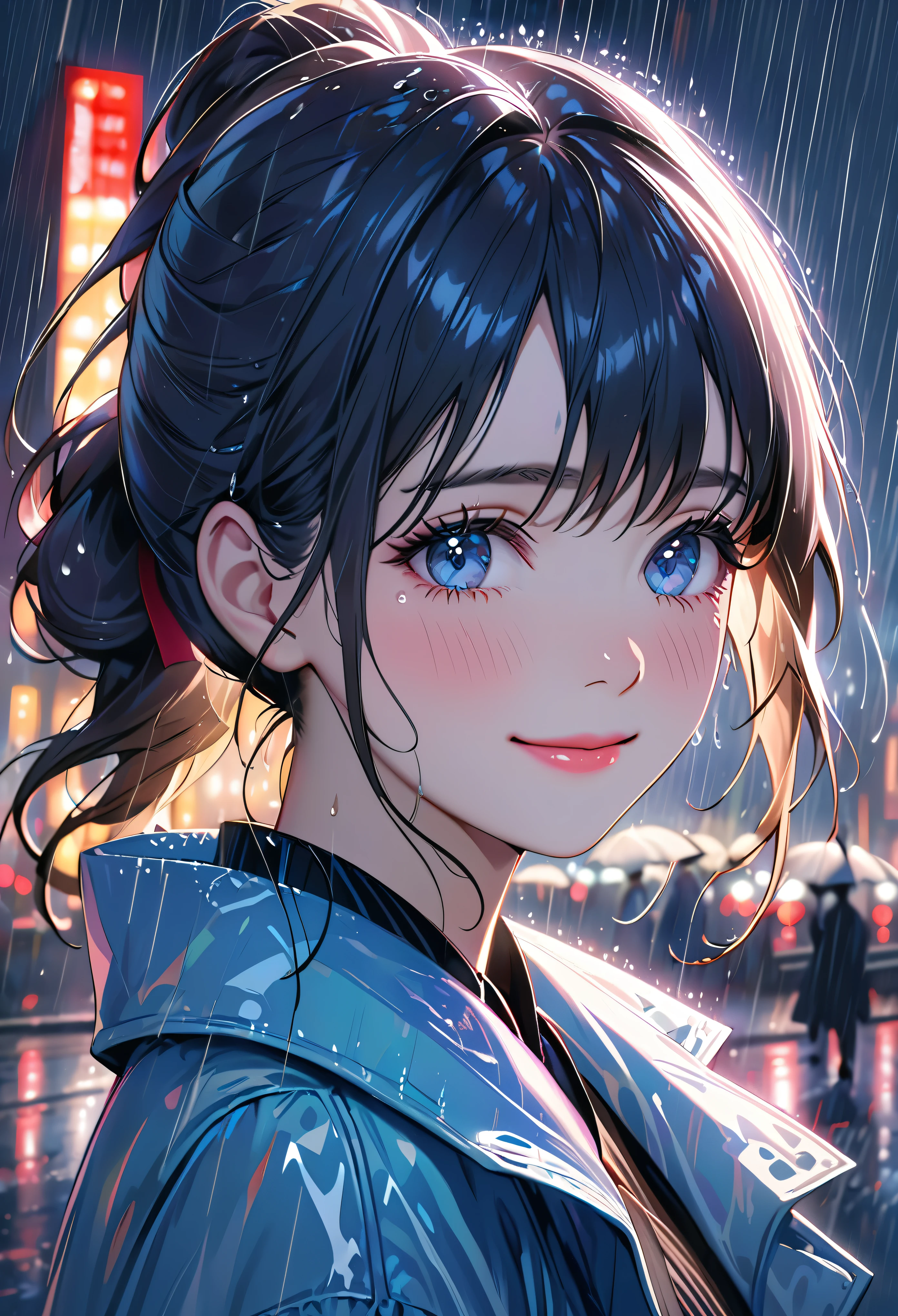 One girl,City of night,rain,coat,Put your hands in your pockets,best quality, highres, ultra-detailed, realistic:1.37, Close to cold colors,reduce saturation, portrait, soft lighting, long eyelashes, sparkling eyes, glossy lips, detailed skin, retro pattern, pastel colors, ((smile while crying1.2)), ((shedding tears:2.0),, ((sad look:1.8)),, dreamy atmosphere, elegant pose, nostalgic vibes, glittering highlights, flawless complexion, 80s style fashion, retro hairdo, pink blush, delicate features, diamond-like eyes,((rain squall:2.8)),((intersection))((high rise residential building Dark city silhouette background:2.0))