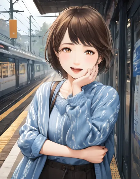 (best quality:1.2), 1girl, break, in front of the station, morning