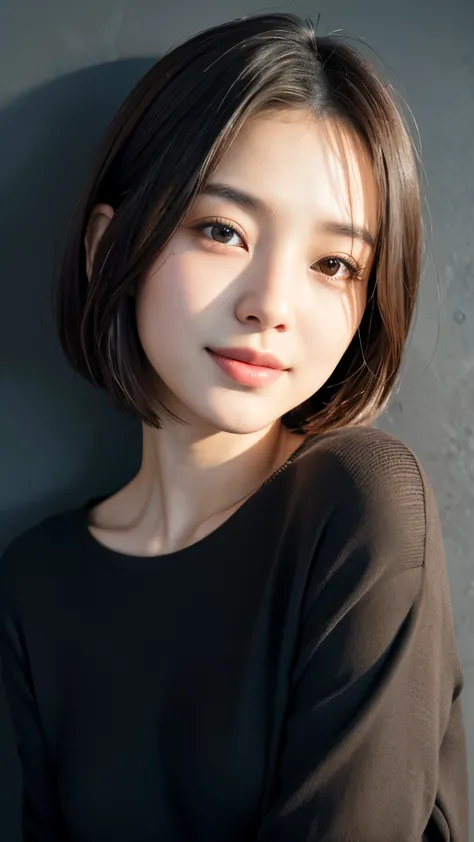 (((Close-up of face)))、(((Absolutely shoulder-length brown straight short bob)))、(((She is posing like a hair salon model, with a black wall indoors as the background.)))、(((Casual black winter long sleeves with shoulders covered)))、Half Japanese, half Kor...