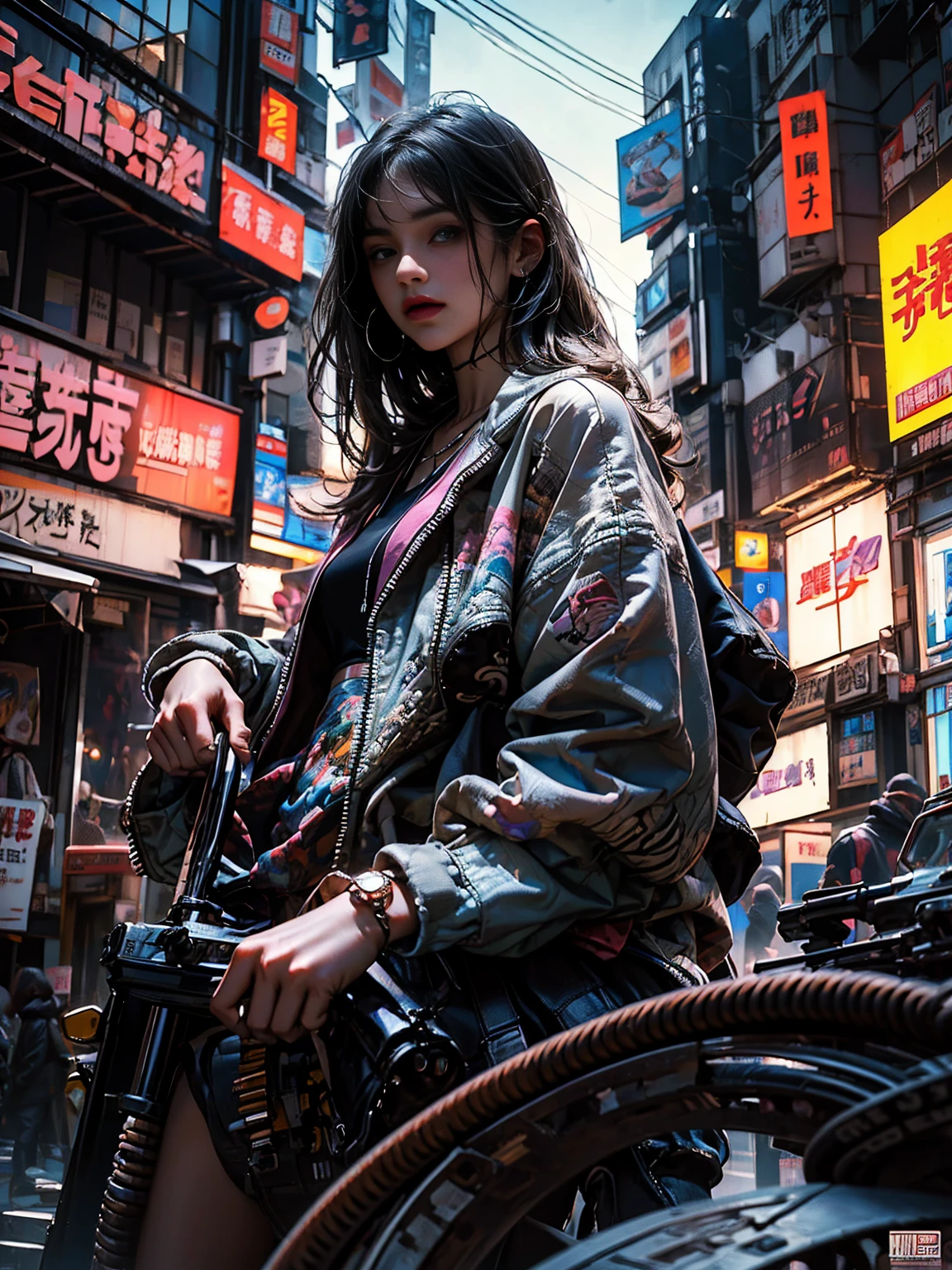 ((Stunning masterpiece anime illustration.)), ((Extremely delicate and beautiful cyber girl.)), ((Very detailed and exposed face)), ((mechanical member, )), (tube connections that join the neck:1.2), ((mass of wires and cables in the body)), ((wearing a colorful Harajuku technical jacket with logo)), (dynamic pose), ((futuristic motorcycle on left side)), ((at night sky with smog)),(Masterpiece), (((Best Quality))), ((ultra detailed)), (Highly detailed photorealistic CG illustration), cinematic lighting, Science fiction, extremely detailed,showy,more detail, (((cyberpunk city background, (Rewarded accommodation), harajuku district))), NSFW