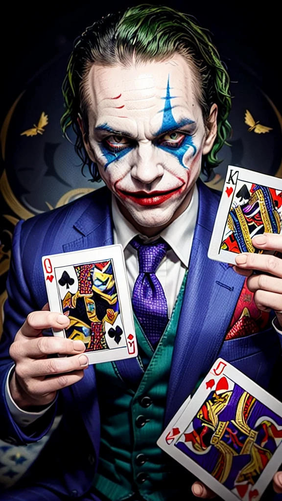 The image is a colorful portrait of the Joker, a well-known character from the DC universe. He is depicted holding a deck of cards, with two joker cards visible. The background is a complex mosaic of patterns and images. A vibrant and captivating portrait of the notorious Joker from the DC universe. He is dressed in his iconic purple suit with a green shirt and tie, and his face is painted with his signature grotesque makeup. He is holding a deck of cards, with two jester cards prominently displayed. The background is a chaotic mosaic of patterns and images, reflecting the Joker's unpredictable and anarchic nature. The overall atmosphere of the piece is dark and eerie, with a touch of madness and chaos.