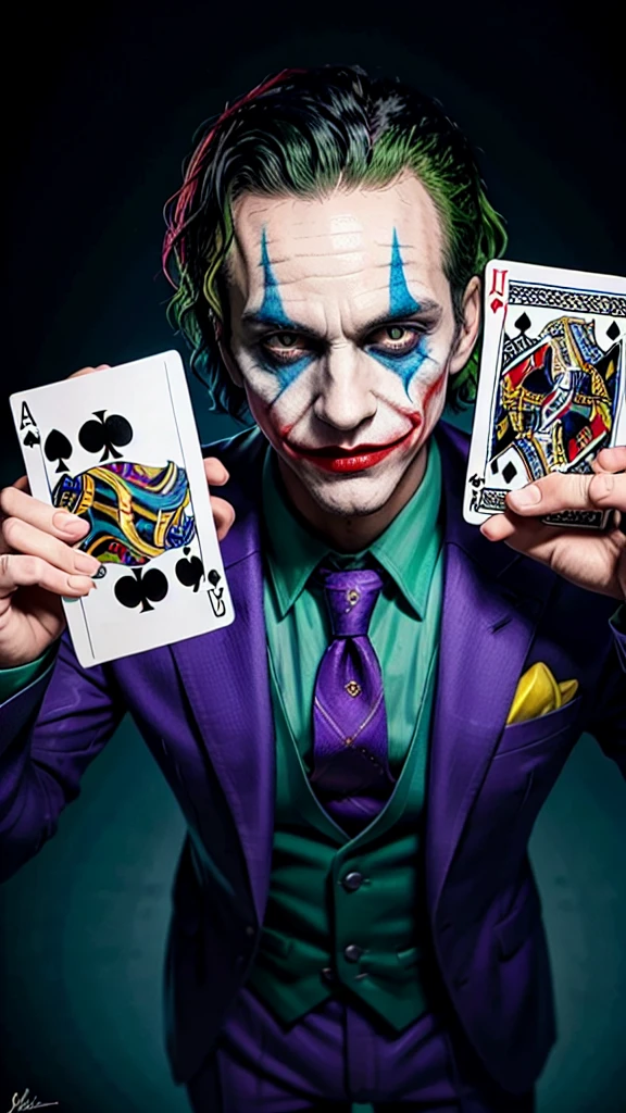 The image is a colorful portrait of the Joker, a well-known character from the DC universe. He is depicted holding a deck of cards, with two joker cards visible. The background is a complex mosaic of patterns and images. A vibrant and captivating portrait of the notorious Joker from the DC universe. He is dressed in his iconic purple suit with a green shirt and tie, and his face is painted with his signature grotesque makeup. He is holding a deck of cards, with two jester cards prominently displayed. The background is a chaotic mosaic of patterns and images, reflecting the Joker's unpredictable and anarchic nature. The overall atmosphere of the piece is dark and eerie, with a touch of madness and chaos.